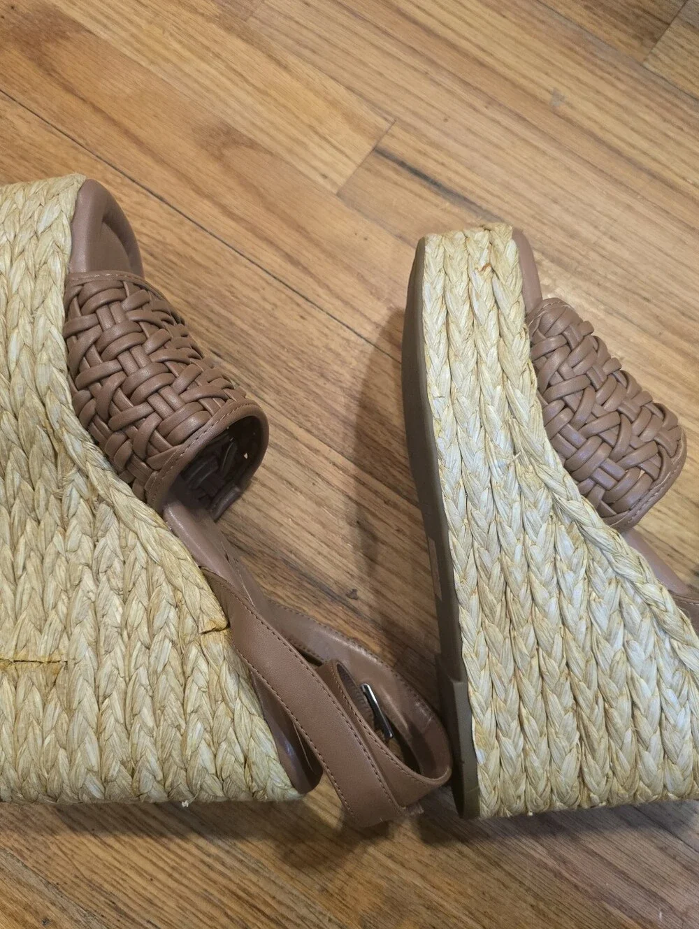Marc Fisher Godina Brown Faux Leather Wedge Espadrilles Size 10